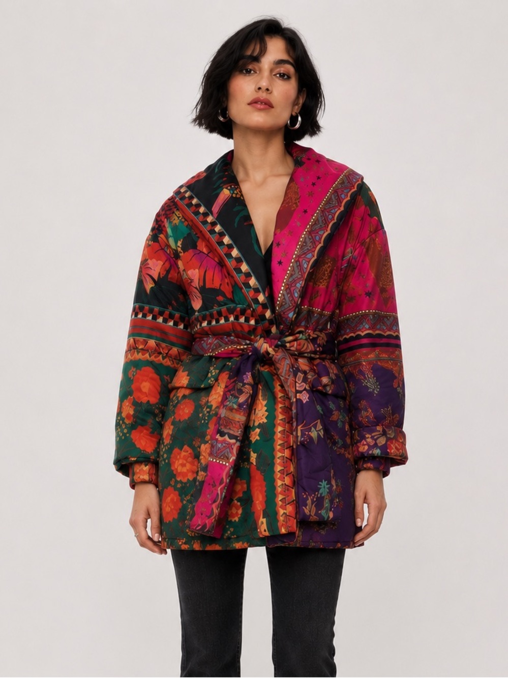 Farm Rio Kimono Puffer Jacket Boho Hippie Fall Tropical
